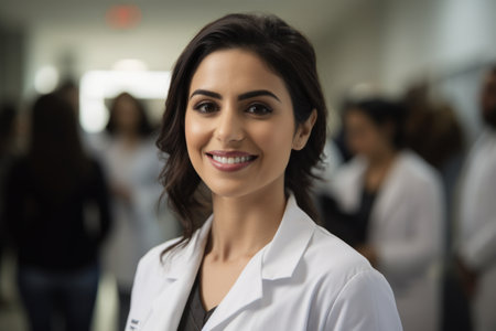 Portrait of a beautiful female doctor smiling at the camera in a hospitalの素材