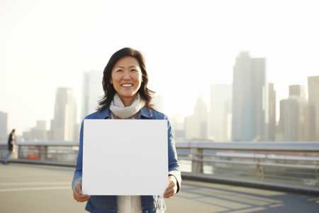 Woman holding a blank placard in the city, closeup portraitの素材