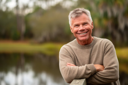 Portrait of a smiling senior man standing with arms crossed in a parkの素材