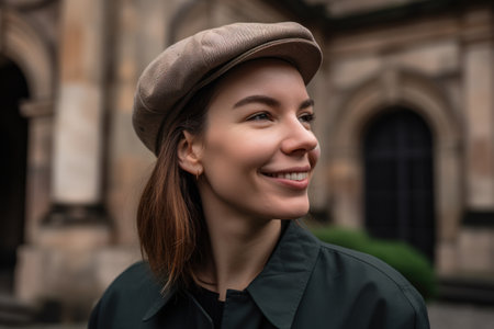portrait of smiling woman in beret and coat looking away in cityの素材