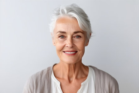 Portrait of smiling senior woman looking at camera isolated over white backgroundの素材