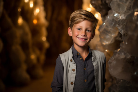 Portrait of smiling boy standing in ice cave at christmas timeの素材