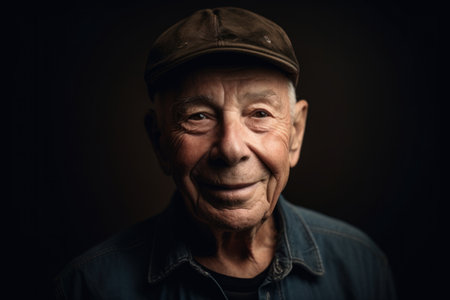 Portrait of an old man in a cap on a dark backgroundの素材