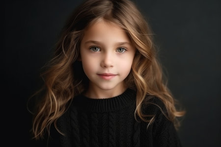 Portrait of a cute little girl on a dark background. The girl is dressed in a black sweater.の素材