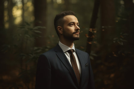 Portrait of a handsome man in a dark forest. Fashion shot.の素材