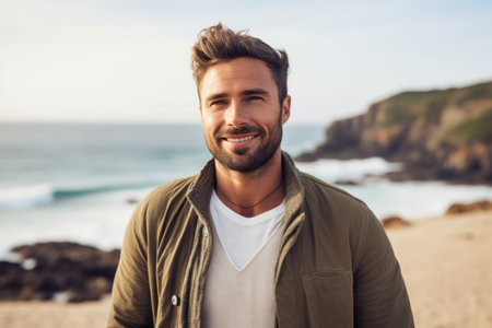 Portrait of handsome young man smiling at camera while standing on beachの素材