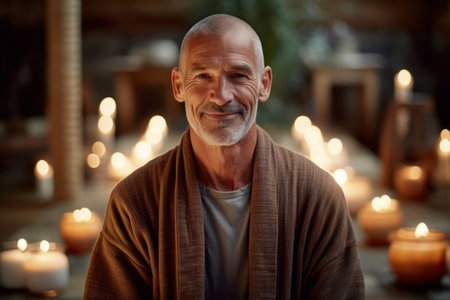 Portrait of a smiling senior man sitting in a spa center.の素材