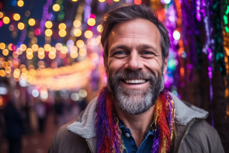 Portrait of a handsome bearded man with long colorful hair in the cityの素材