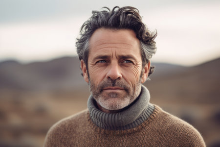 Portrait of handsome mature man with gray hair and beard looking away while standing outdoorsの素材