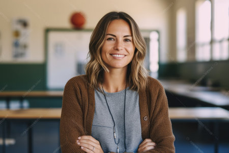 Portrait of smiling businesswoman standing with arms crossed in modern officeの素材