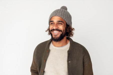 Portrait of a happy young man in a knitted hat looking at camera over white backgroundの素材
