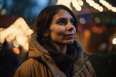 Portrait of a beautiful young woman on a background of night city.の素材