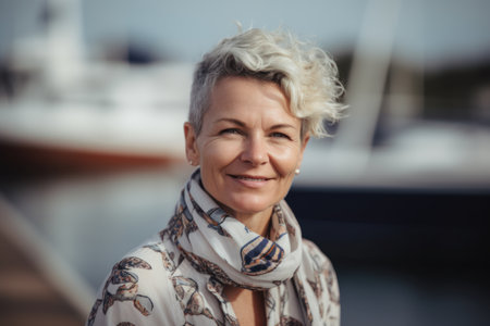 Portrait of a smiling middle-aged woman on the background of yachtsの素材