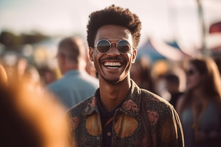 Portrait of smiling african american man with sunglasses at music festivalの素材