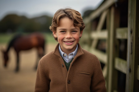 Portrait of smiling boy standing in stable on an autumns dayの素材