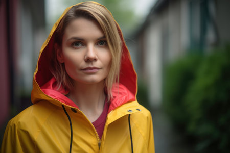 Portrait of a young woman in a yellow raincoat on the streetの素材