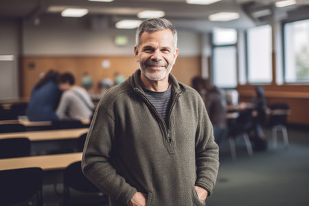 Portrait of mature teacher standing with arms crossed in classroom during lectureの素材