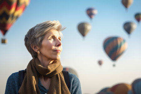 Portrait of a middle-aged woman on the background of hot air balloonsの素材