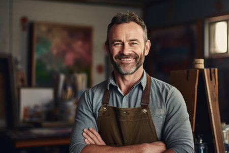 Portrait of a smiling mature artist standing with arms crossed in his workshopの素材