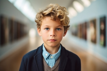 Portrait of cute little boy looking at camera in corridor at schoolの素材