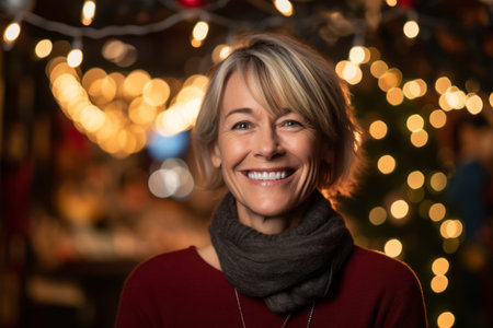 Portrait of a smiling middle-aged woman on christmas backgroundの素材