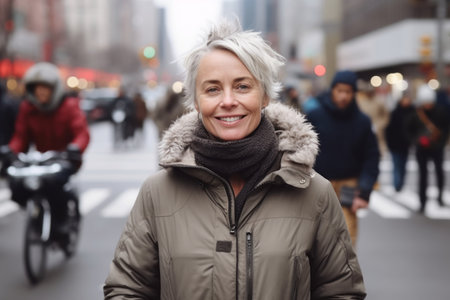 Portrait of smiling mature woman in winter jacket on street in cityの素材