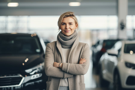 Portrait of confident young woman standing with crossed arms in car dealershipの素材