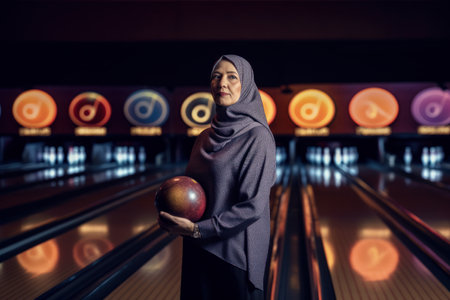 muslim woman with bowling ball at bowling alley in night club.の素材
