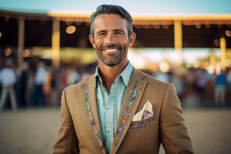 Portrait of handsome man with hand in pocket smiling at camera while standing outdoorsの素材