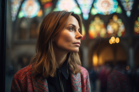 Portrait of a beautiful young woman in the interior of a churchの素材