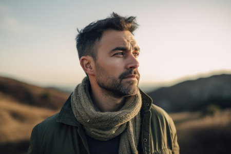 Portrait of a handsome bearded man in a green jacket and scarf looking away.の素材