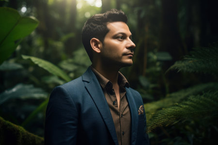 Portrait of a handsome young man in a suit in the jungleの素材