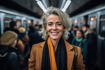Portrait of smiling middle aged woman in subway car, blurred backgroundの素材