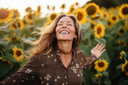 Portrait of a happy young woman laughing in a sunflower fieldの素材