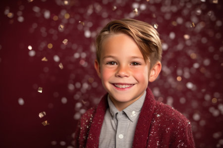 Portrait of a cute little boy with confetti on red backgroundの素材