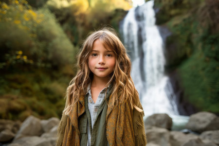 Portrait of a little girl on the background of a waterfall.の素材