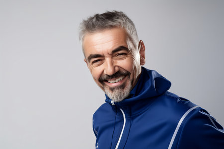 Portrait of happy senior man in sportswear smiling at cameraの素材
