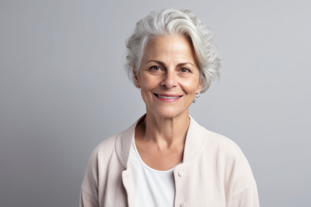 Portrait of smiling senior woman looking at camera isolated on gray backgroundの素材