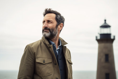 Portrait of a handsome mature man with gray hair and beard wearing a jacket standing by a lighthouseの素材