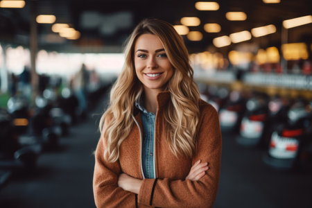 Portrait of smiling young woman standing with crossed arms in car parkの素材