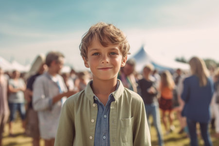 Portrait of happy boy standing in front of crowd at music festivalの素材