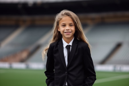 Portrait of a cute little girl in a business suit on a football fieldの素材