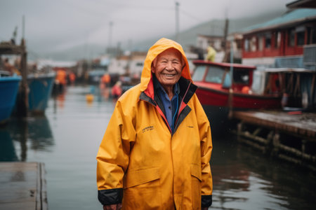 Portrait of a senior man wearing a yellow raincoat and looking at the camera while standing on a pier in a fishing village.の素材