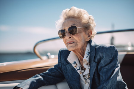 stylish senior woman in sunglasses looking at camera while sitting on yachtの素材