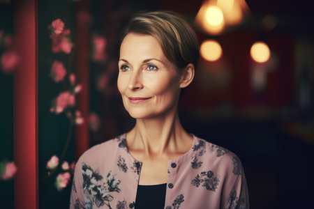 Portrait of a beautiful middle-aged woman in a cafe.の素材