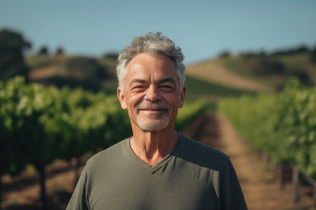 Portrait of smiling senior man standing in vineyard during sunny dayの素材