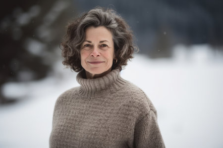 Portrait of a beautiful middle-aged woman in the winter forestの素材