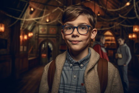 Portrait of a schoolboy with glasses on the background of a night city.の素材