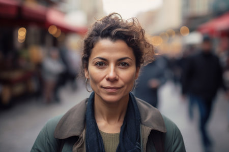 Portrait of a young woman with curly hair in the city.の素材