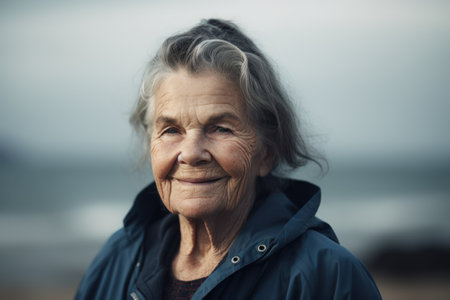 Portrait of an elderly woman on the beach, looking at cameraの素材